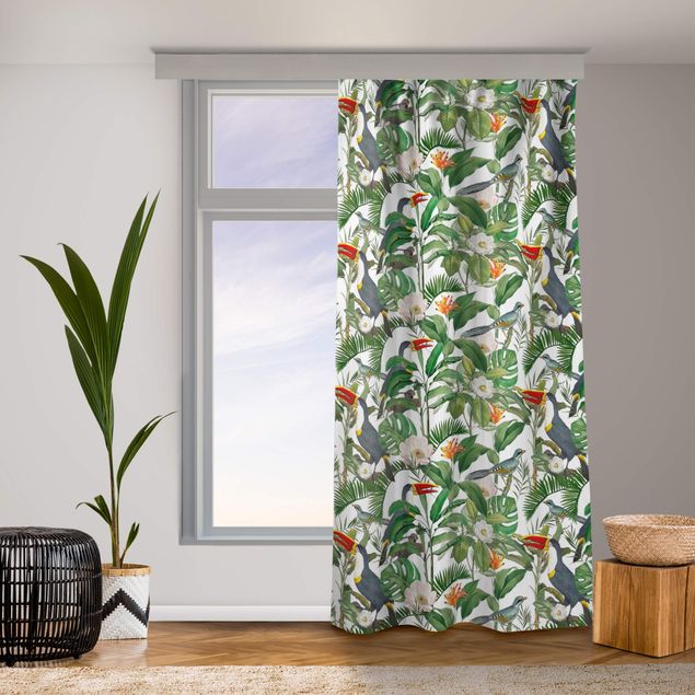 modern curtains for living room Tropical Toucan With Monstera And Palm Leaves