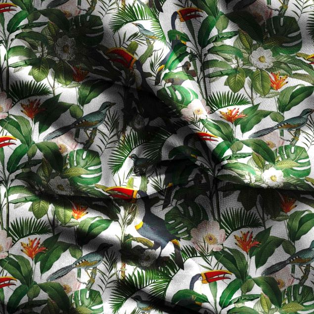 retro curtains Tropical Toucan With Monstera And Palm Leaves