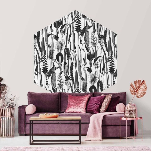 Self-adhesive hexagonal pattern wallpaper - Tropical Luxury Pattern Black And White