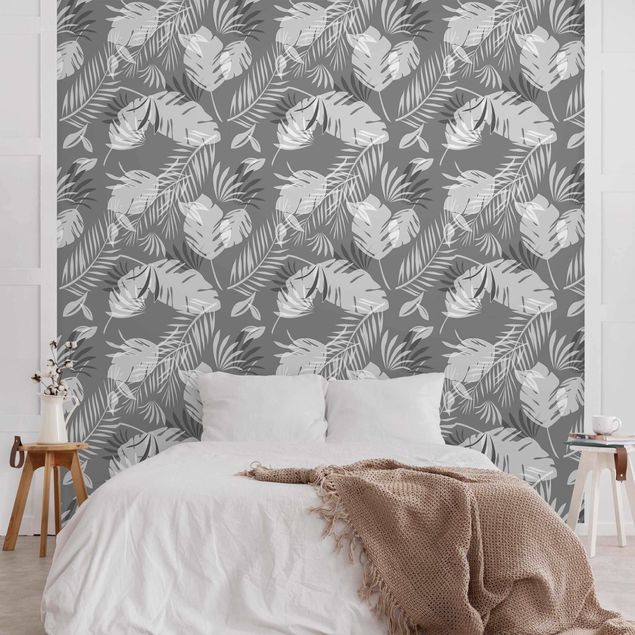 Wallpaper - Tropical Outlines Pattern In Grey