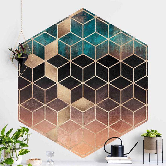 Hexagonal wallpapers Turquoise Rosé Golden Geometry