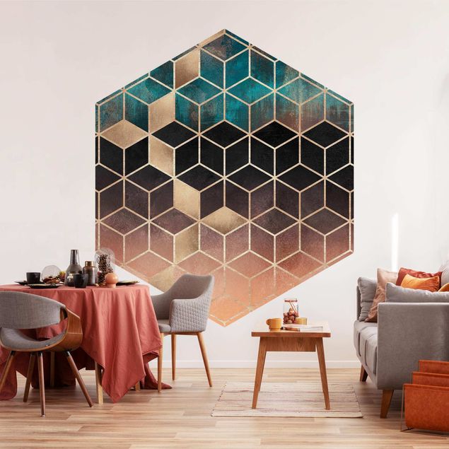 Self-adhesive hexagonal pattern wallpaper - Turquoise Rosé Golden Geometry