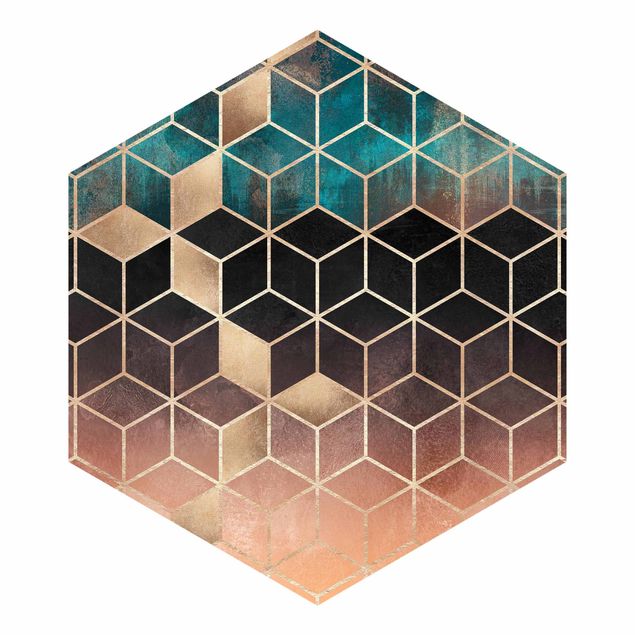 Self-adhesive hexagonal pattern wallpaper - Turquoise Rosé Golden Geometry