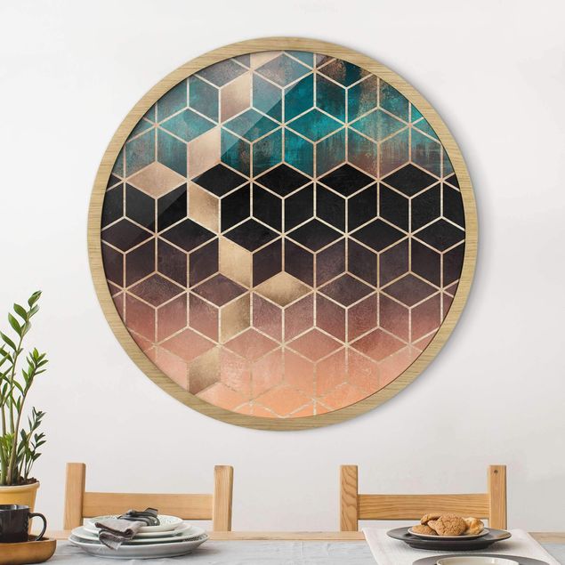 Framed prints round Turquoise Rosé Golden Geometry