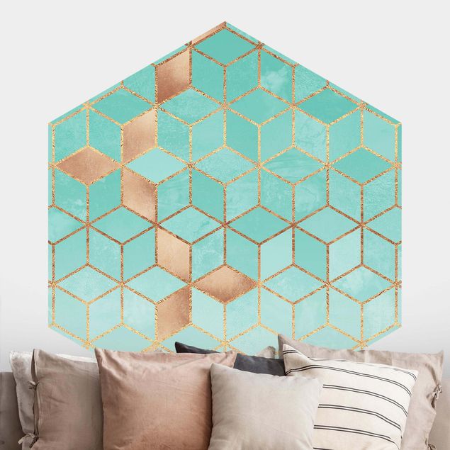 Self-adhesive hexagonal wall mural Turquoise White Golden Geometry