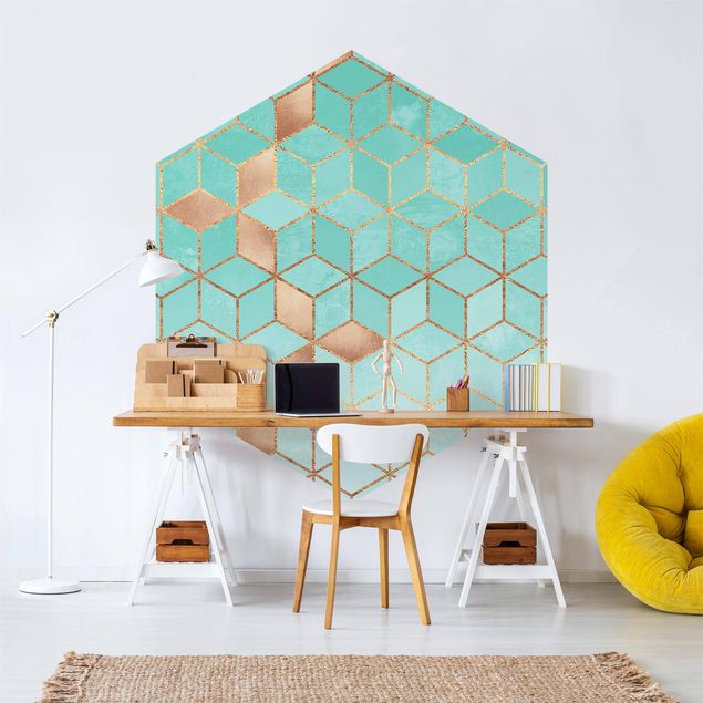 Self-adhesive hexagonal pattern wallpaper - Turquoise White Golden Geometry