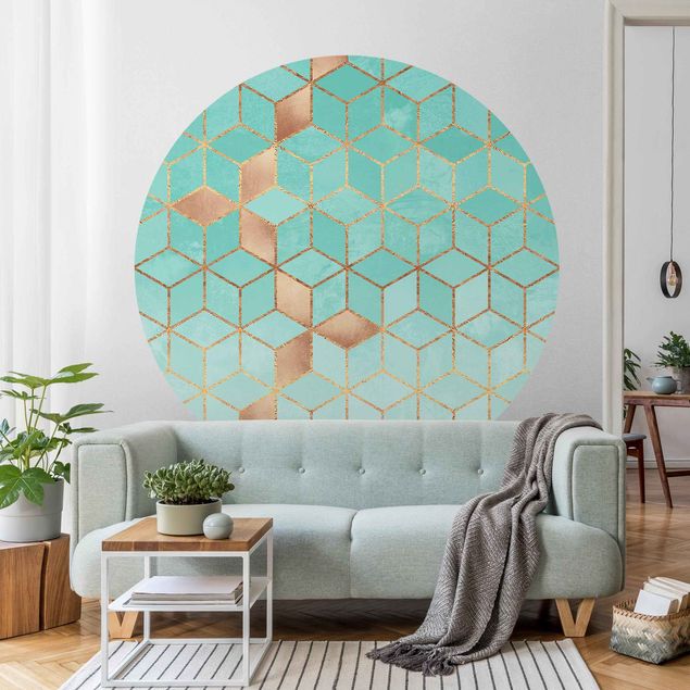 Self-adhesive round wallpaper - Turquoise White Golden Geometry