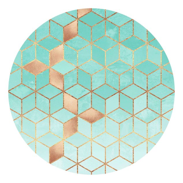 Self-adhesive round wallpaper - Turquoise White Golden Geometry