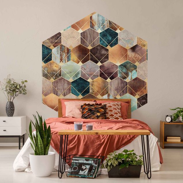Self-adhesive hexagonal pattern wallpaper - Turquoise Geometry Golden Art Deco