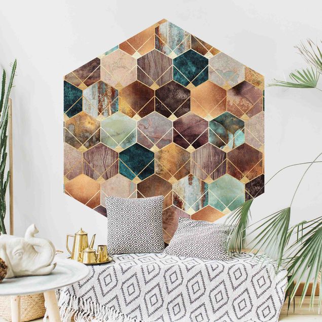 Self-adhesive hexagonal pattern wallpaper - Turquoise Geometry Golden Art Deco
