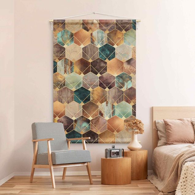 extra large tapestry Turquoise Geometry Golden Art Deco