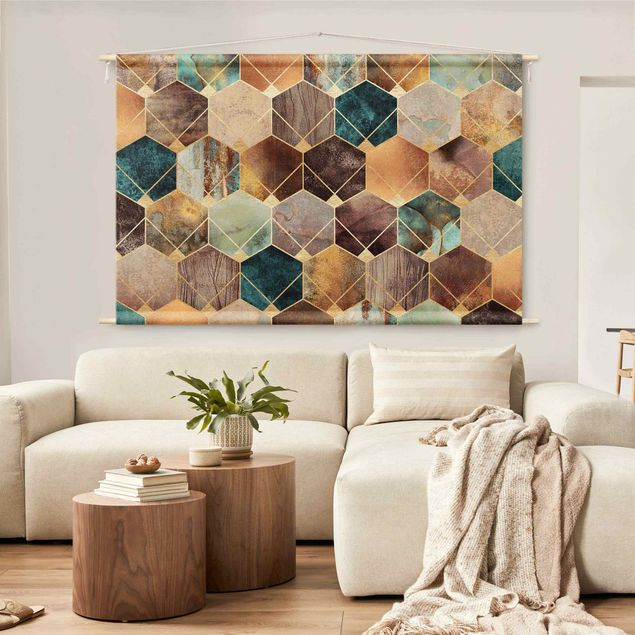 extra large tapestry Turquoise Geometry Golden Art Deco