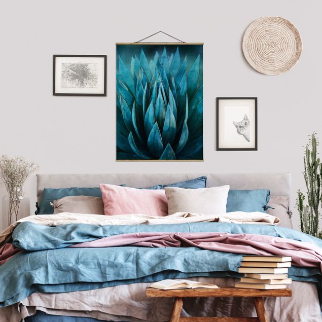 Fabric print with poster hangers - Turquoise Succulents - Portrait format 3:4