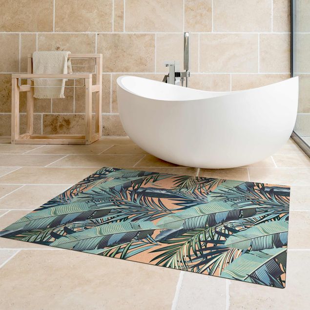 green area rug Turquoise Leaves Jungle Pattern