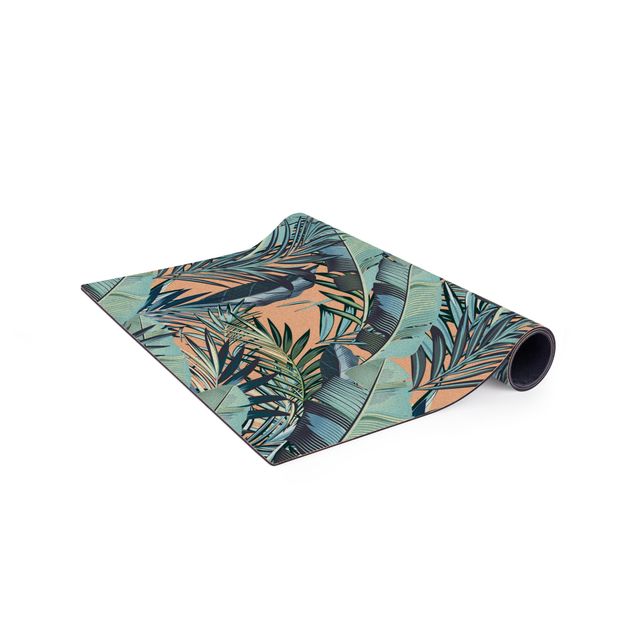 green area rug Turquoise Leaves Jungle Pattern
