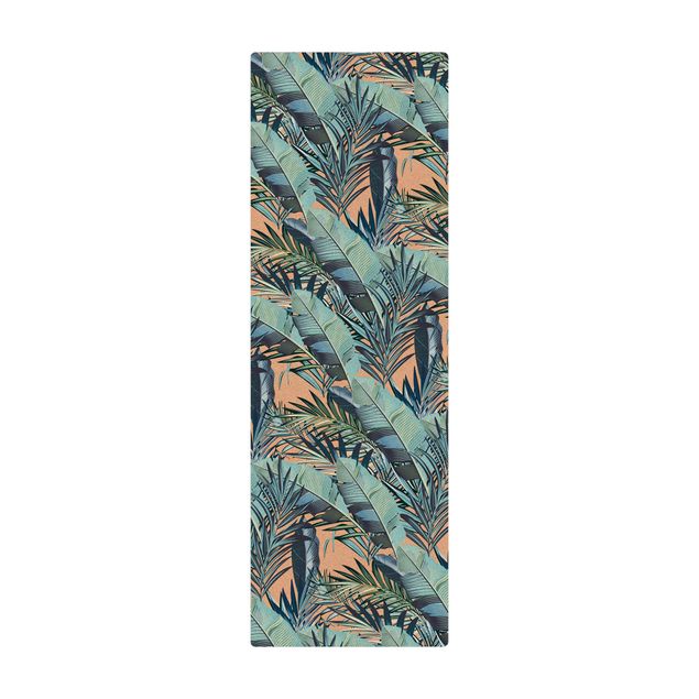 rug under dining table Turquoise Leaves Jungle Pattern