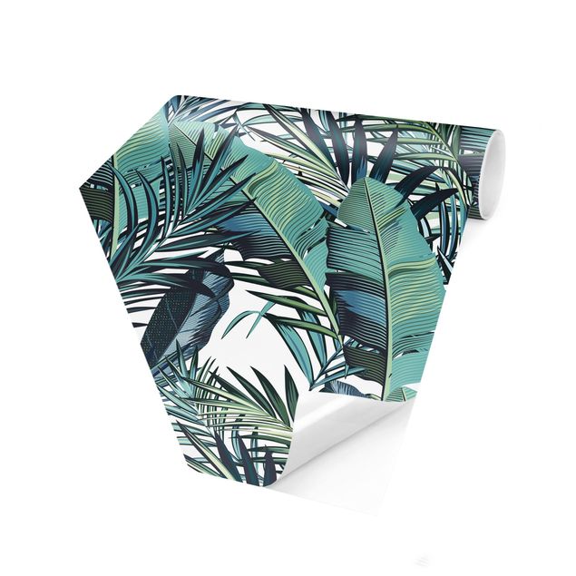 Self-adhesive hexagonal pattern wallpaper - Turquoise Leaves Jungle Pattern