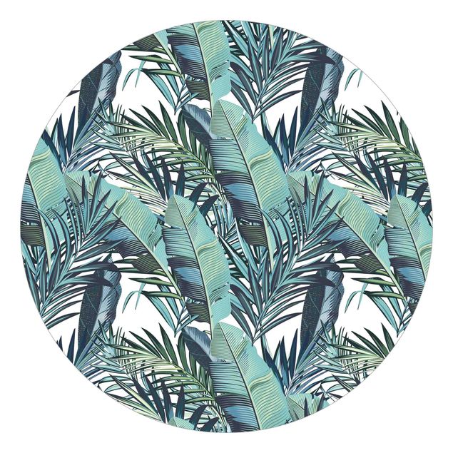 Self-adhesive round wallpaper - Turquoise Leaves Jungle Pattern