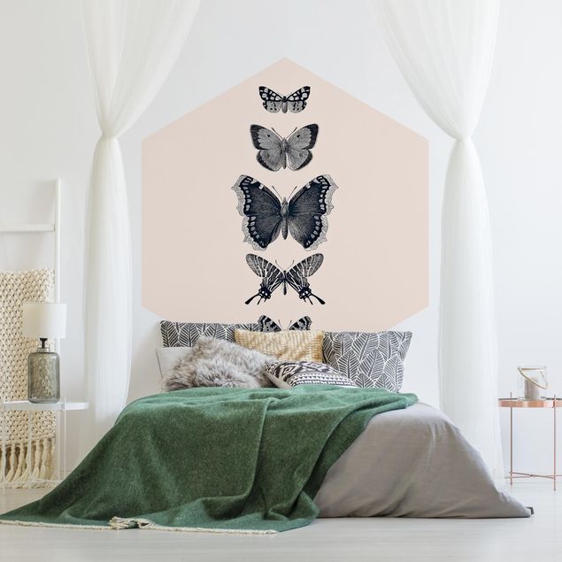 Self-adhesive hexagonal pattern wallpaper - Ink Butterflies On Beige Backdrop