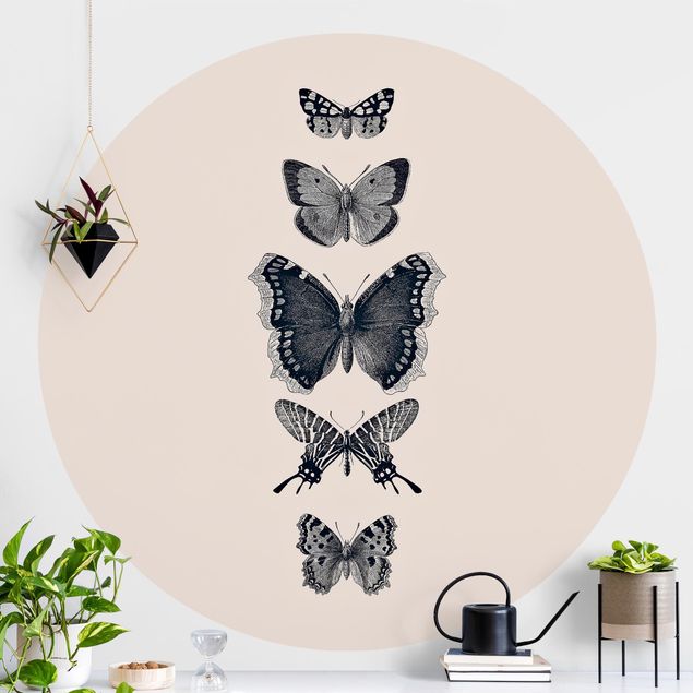Self-adhesive round wallpaper - Ink Butterflies On Beige Backdrop