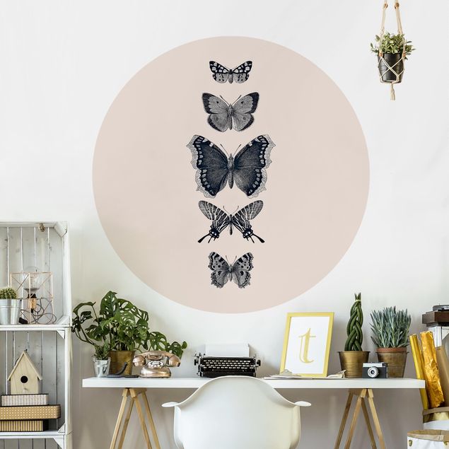Self-adhesive round wallpaper - Ink Butterflies On Beige Backdrop