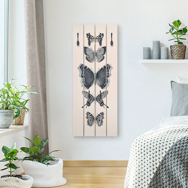 Wooden coat rack - Ink Butterflies On Beige Backdrop