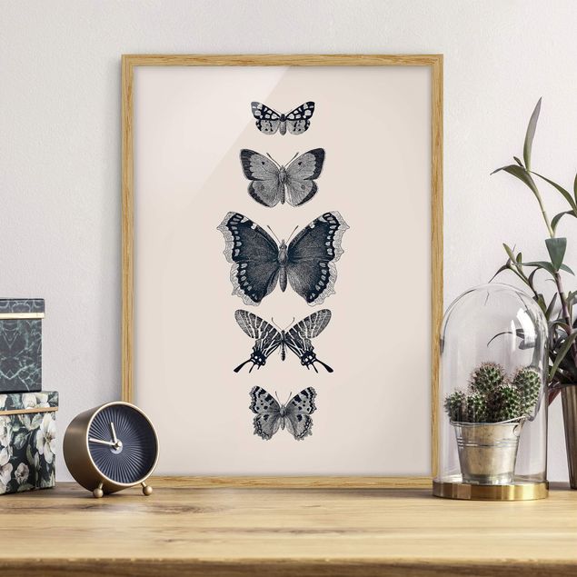 Framed poster - Ink Butterflies On Beige Backdrop