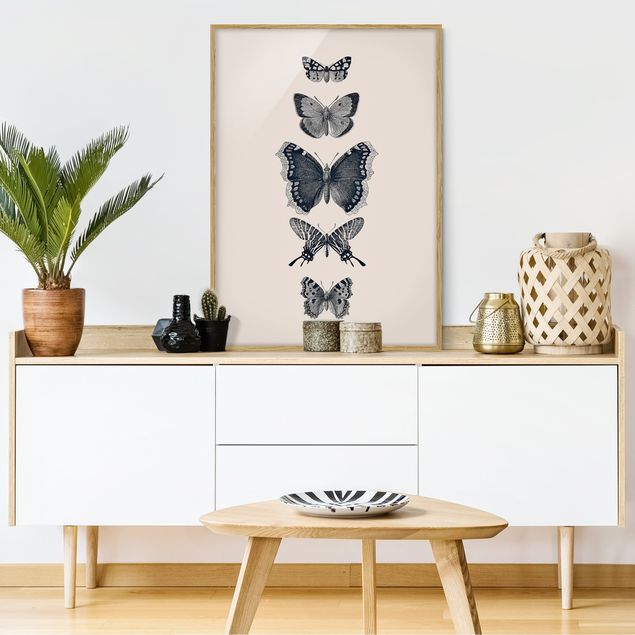 Framed poster - Ink Butterflies On Beige Backdrop