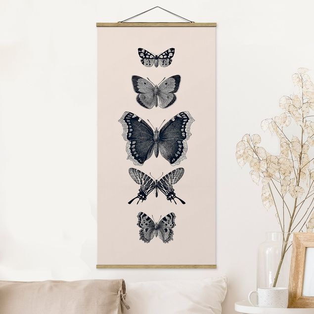 Fabric print with poster hangers - Ink Butterflies On Beige Backdrop - Portrait format 1:2