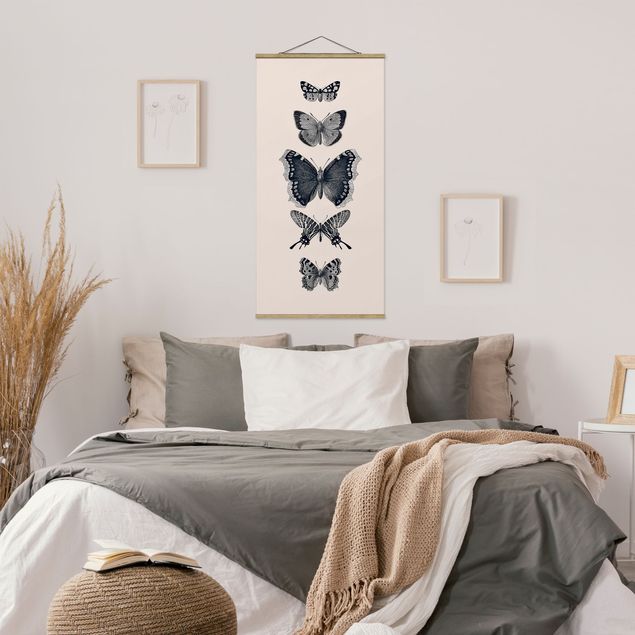 Fabric print with poster hangers - Ink Butterflies On Beige Backdrop - Portrait format 1:2