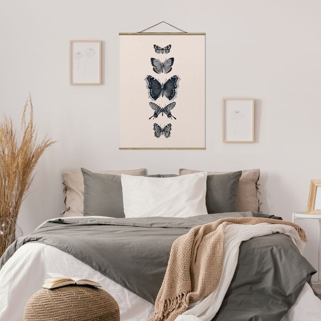 Fabric print with poster hangers - Ink Butterflies On Beige Backdrop - Portrait format 3:4