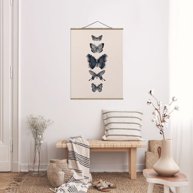 Fabric print with poster hangers - Ink Butterflies On Beige Backdrop - Portrait format 3:4