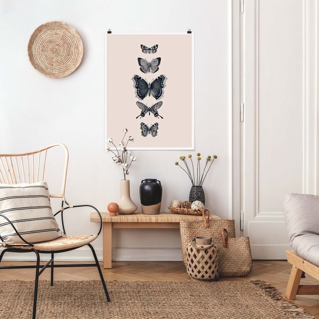 Poster - Ink Butterflies On Beige Backdrop