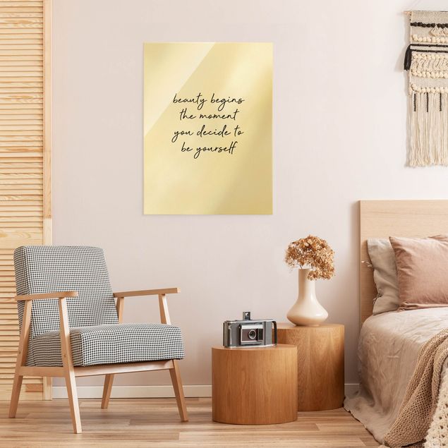 Glass print - Typography Beauty Begins Quote - Portrait format