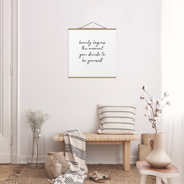 Fabric print with poster hangers - Typography Beauty Begins Quote - Square 1:1