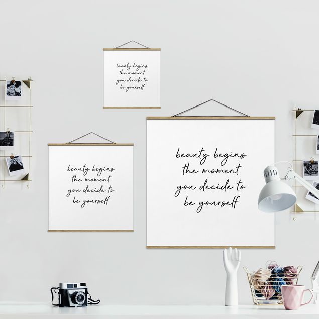 Fabric print with poster hangers - Typography Beauty Begins Quote - Square 1:1