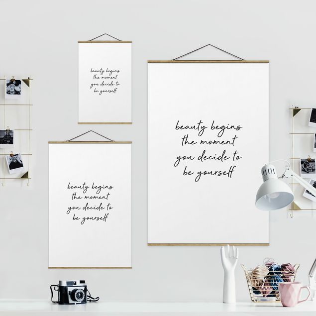 Fabric print with poster hangers - Typography Beauty Begins Quote - Portrait format 2:3