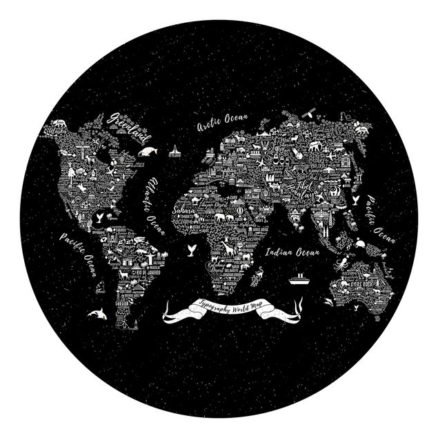 Self-adhesive round wallpaper kids - Typography World Map Black