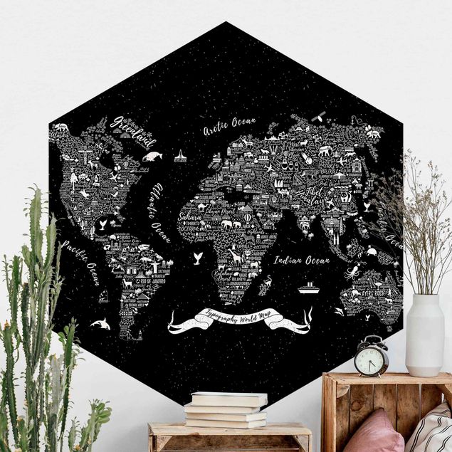 Hexagonal wallpapers Typography World Map Black
