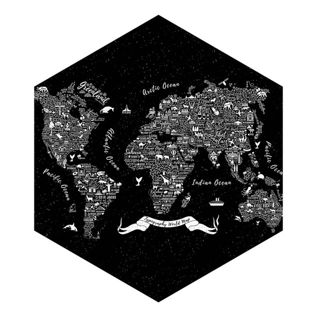 Self-adhesive hexagonal pattern wallpaper - Typography World Map Black