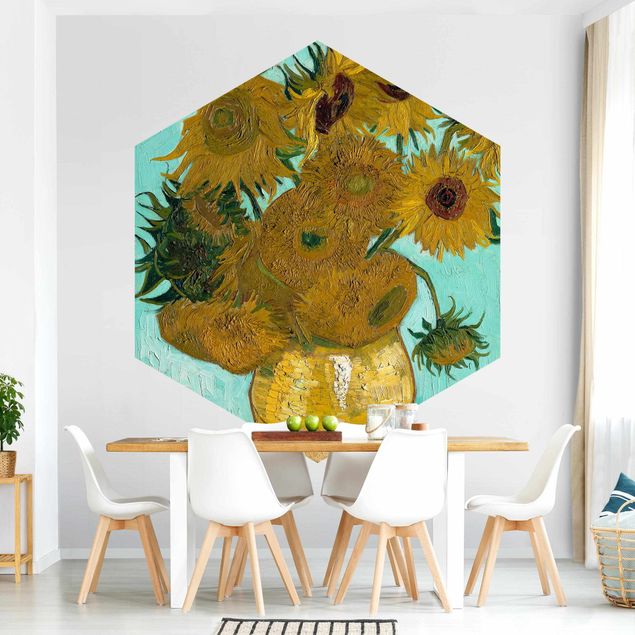 Self-adhesive hexagonal pattern wallpaper - Vincent Van Gogh - Vase With Sunflowers