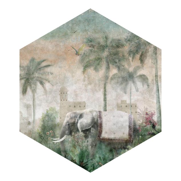 Self-adhesive hexagonal wallpaper - Vintage Jungle Scene with Elephant
