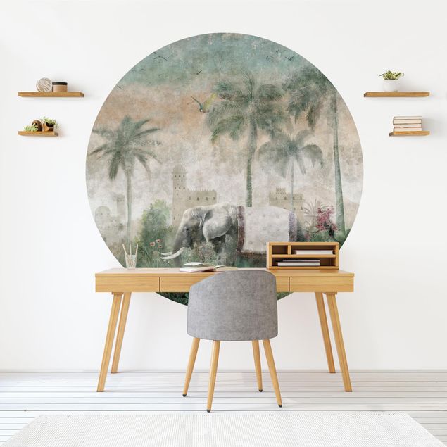 Self-adhesive round wallpaper - Vintage Jungle Scene with Elephant