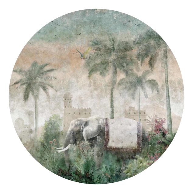 Self-adhesive round wallpaper - Vintage Jungle Scene with Elephant