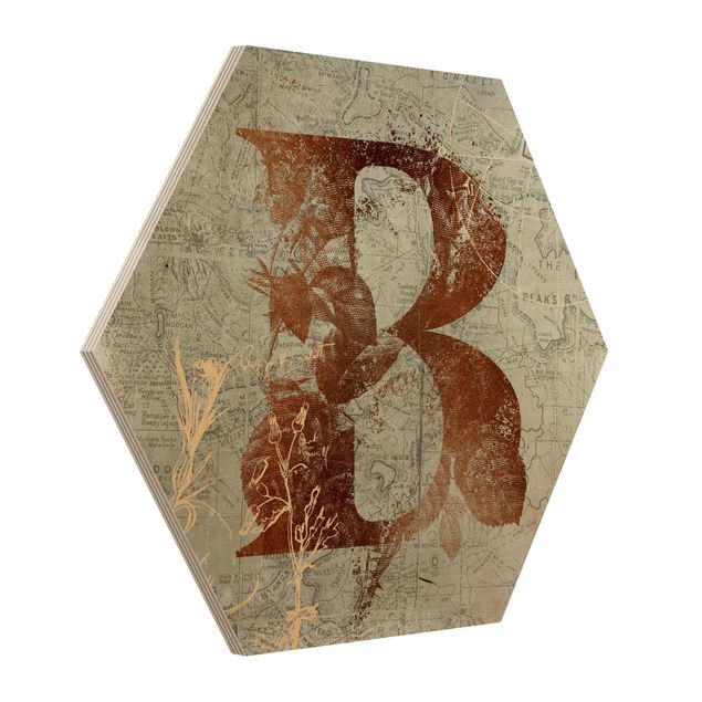 Wooden hexagon - Vintage Gold Alphabet Letter B