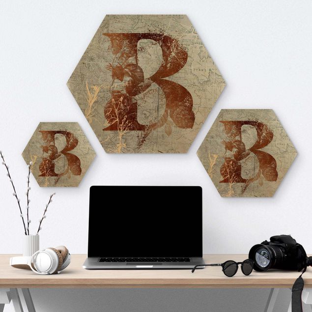 Wooden hexagon - Vintage Gold Alphabet Letter B