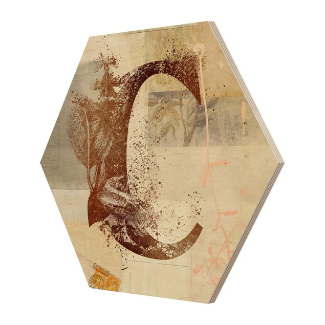 Wooden hexagon - Vintage Gold Alphabet Letter C