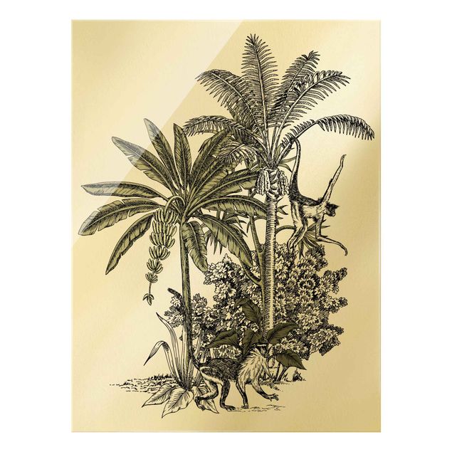 Glass print - Vintage Illustration - Monkeys  And Palm Trees - Portrait format