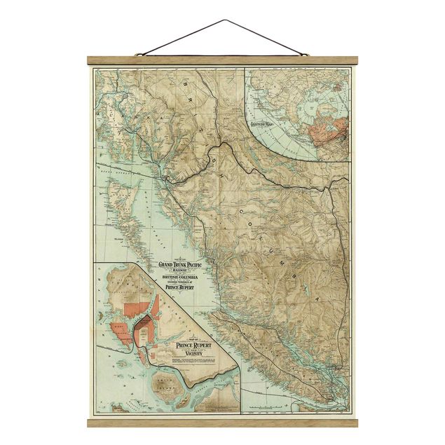 Fabric print with poster hangers - Vintage Map British Columbia - Portrait format 3:4
