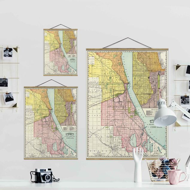 Fabric print with poster hangers - Vintage Map Chicago - Portrait format 3:4